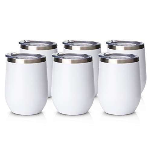Civago Insulated Stemless Wine Tumbler Glass Set with Lid, 12 Oz Stainless Steel Double Wall Vacuum Wine Cup for Wine, Coffee, Drinks, Champagne, Cocktails, Gifts (Blanc, 6 Pack)
