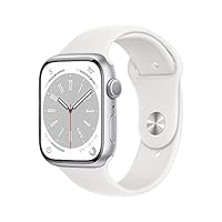 Apple Watch Series 8 GPSモデル、45mmケース シルバーアルミニウムケースとホワイトスポーツバンド レギュラーを組み合わせたスマートウォッチ。フィットネストラッカー、血中酸素ウェルネスアプリと心電図アプリ、常時表示Retinaディスプレイ、耐水性能