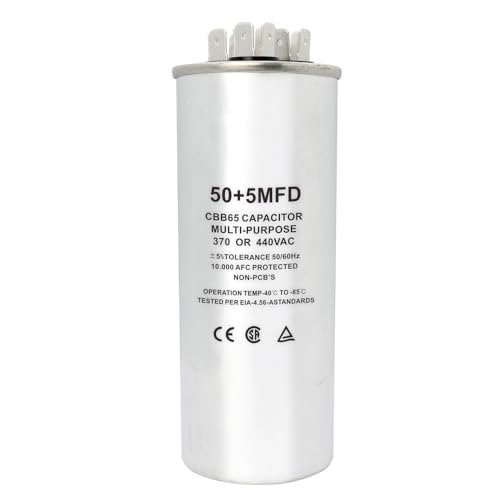 CBB65 Round Dual Run Circular Start Capacitor, 50 + 5 uF/MFD ±5% 370V/440VAC Combination Capacitor for Compressor AC Motor Run Fan Start Condenser Straight Cool/Heat