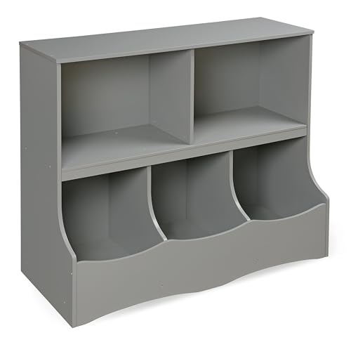 Image of Badger Basket Multi-Bin Storage Cubby for Kids - Toy Organizer with 3 Cubbies, 2 Open Shelves, Display Top for Playroom or Bedroom - Storage Unit for Toys, Books & More - Gray