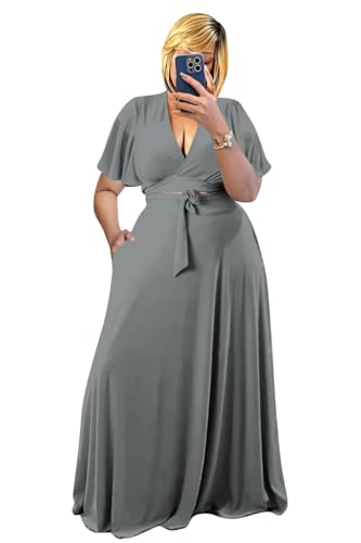 Image of Plus Size Women's 2 Piece Outfits Casual Short Ruffle Sleeve Wrap Crop Top Maxi Long Dress Flowy Matching Sets