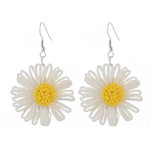 Dreuyet Handmade Braid Bohemian Daisy Flower Shape Dangle Earrings for Women Colorful Raffia Flower Earring Summer Vacation Jewelry