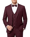 Men's 3-Piece Slim Fit Suit with Bow Tie, Single Button Blazer Vest Pants Set for Wedding Business, Formal Suit for Men Dark Red