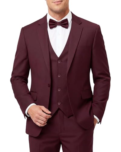 Men's 3-Piece Slim Fit Suit with Bow Tie, Single Button Blazer Vest Pants Set for Wedding Business, Formal Suit for Men Dark Red