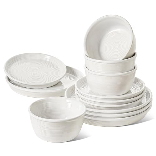LE TAUCI 12‑Piece Ceramic Plates and Bowls Set, Service for 4 – White Farmhouse Dinnerware Sets with Deeper Plates (10" Dinner, 8" Salad, 6" Bowls), Dishwasher & Microwave Safe Stoneware Dishes