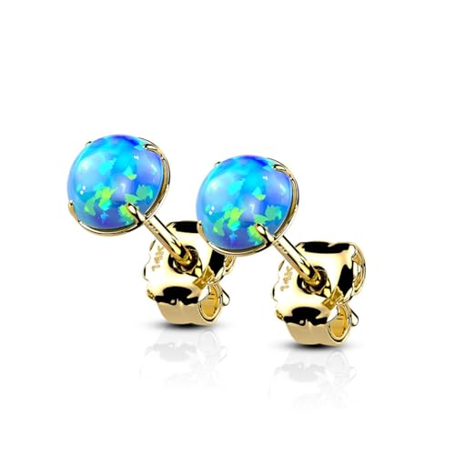 14 Karat Solid Gold Earring Stud 20 Gauge with Prong Set Opal - Pair Yellow Gold/Opal Blue / 5 MM