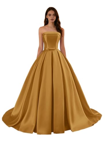 Gdluckalways Pleated Satin Ball Gowns Strapless A Line Formal Dress
