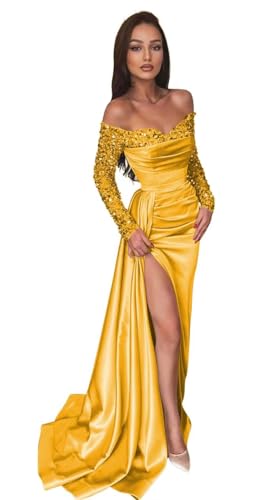 Off The Shoulder Long Sleeve Prom Dresses Long with Slit Sequin Satin Mermaid Formal Evening Gown with Train