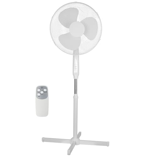 Grennswick 16 Oscillating Pedestal Fan with Remote - 3 Speeds 3 Wind Modes 7.5H Auto-Off Timer Adjustable Height Ultra Quiet Standing Floor Fan for Bedroom Living Room Office (White)