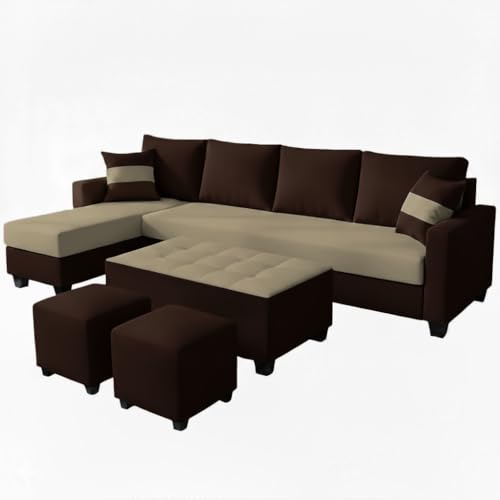 Image of CASASTYLE Adonway 8 Seater Fabric LHS L Shape Sofa Set (Cream-Dark Brown) Premium Velvet Finish | Ideal for Living Rooms