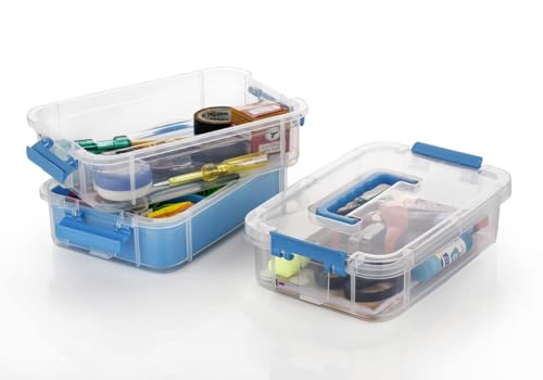 Image of flymore 2 Layer Plastic Storage Containers with Lids, Multipurpose Clear Stack & Carry Box, Portable Craft Organizers, and Storage Bin for Organizing Arts & Crafts, Sewing, stationery box (Pack Of 2)