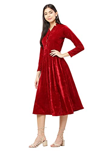 Image of Women's Midi Velvet Short DressWith Band Collar and Sleeve