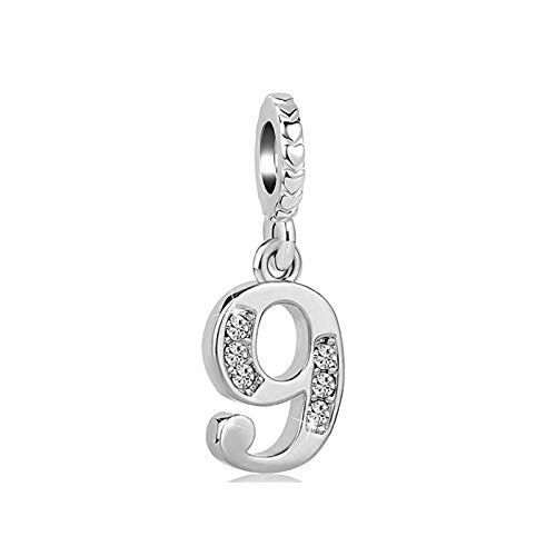 SBI Jewelry Abalorio de número 1, 2, 3, 4 para mujer, compatible con pulsera Pandora 5, 6, 7, colgante de plata 8, 9, 0, aniversario, cumpleaños, Cuero Zirconia cúbica Plata Cobre, No es una piedra