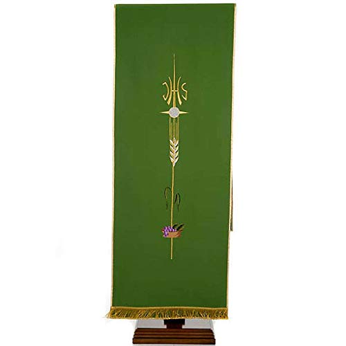 Gold IHS, Wheat and Grapes Pulpit Cover with Fringe, RedHeight: 250 cm|Width: 49 cmRed