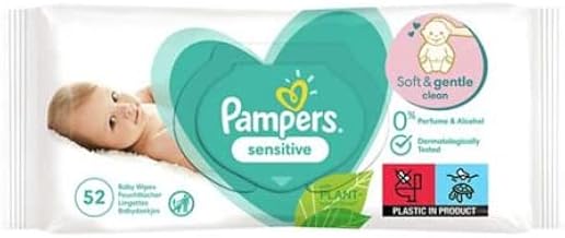 Pampers Sensitive Baby Wet Wipes 260 Wipes (5 x 52) Fragrance Free for Mild and Gentle Cleaning