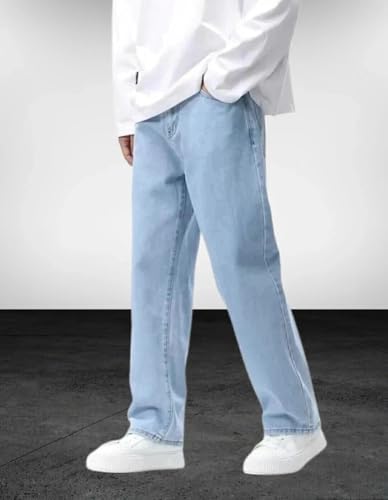 Image of HOC Straight Fit Men Light Blue Jeans | Tailored Fit | Mid-Rise Waist | Durable Cotton Blend Fabric | Contemporary Solid Finish | All-Season Wear | Style 33