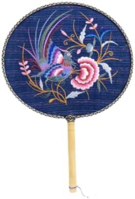Handmade Fruit Fan, Blue Swirping Peony Embroidery Pattern Bamboo Handle Round Decorative Fan for Home Decoration and Cultural Events