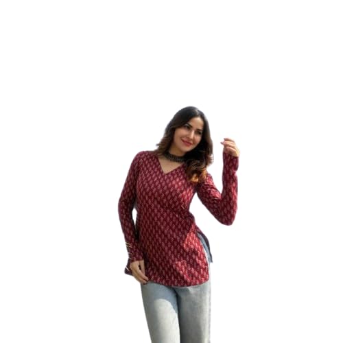 Women's Printed Tunic Top, Long Sleeve, V-Neck, Ethnic Pattern