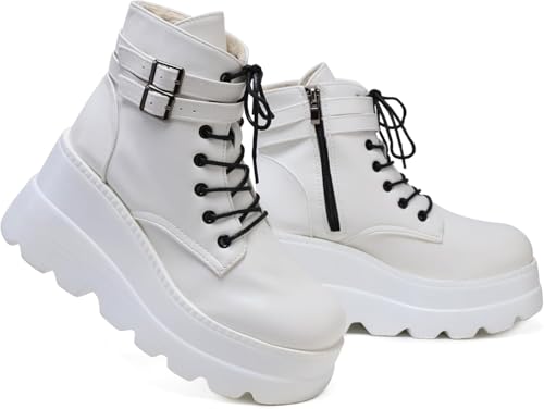 Image of Womens Goth Platform Boots Chunky High Heel Booties Round Toe Combat Ankle Boots Womens Lace Up Motorcycle Wedges Shoes