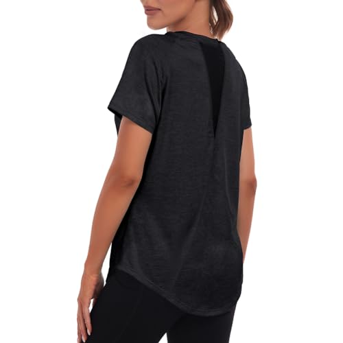 Jlowesun Camiseta Deportiva Mujer Suelta, Ligera, Transpirable, Funcional, Malla Trasera, Camisetas Deportivas para Mujer, Cuello Redondo, Adecuadas para Fitness, Correr, Yoga, Camiseta Casual