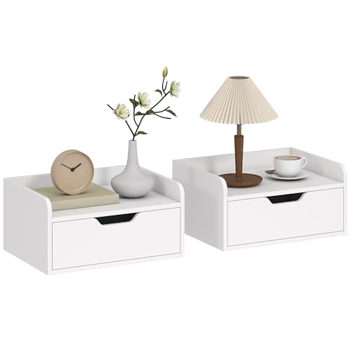 HOMCOM Lot de 2 Tables de Chevet murales, Tables de Nuit suspendues avec tiroir et Plateau à rebords surélevés, Style Moderne, pour Chambre à Coucher,...