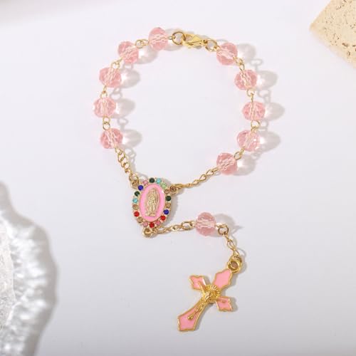 Image of Car Mirror Hanging Accessories,Car Rosary for Mirror Hanging,Catholic Religious Gifts for Women Men,Wedding Favors Baptism First Communion Gifts for Guest (Pink)