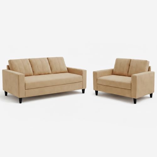Image of Hendrick Plush Velvet 3 Seater + 2 Seater Sofa Set | Silken Velvet Suede Upholstery | Designer Sofa Set for Living Room & Office Spaces (Beige)