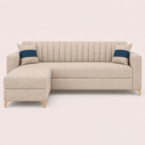 Image of FURNY Signature Regalia 4-Seater L-Shape Sofa Set with Movable Ottoman | Flexible LHS /RHS Layout | Boucle Weave Fabric | 40D Foam + Zigzag Spring | 3-Yr Warranty (Sandstone Beige)