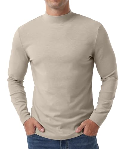 Askdeer Men's T-Shirts Cotton Mock Turtleneck Long Sleeve Shirts Lightweight Thermal Pullover Sweaters Apricot
