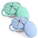 Mity rain Stainless Steel Snack Containers for Toddlers with Spill-Proof Silicone Lids Handles - 3-in-1 Baby Snack Cups, No-Spill Toddler Snack Box (Blue+Green, Two piece set)