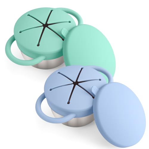 Mity rain 2-Pack Stainless Steel Snack Containers for Kids with Spill-Proof Silicone Lids & Handles - 3-in-1 Baby Snack Cups, No-Spill Toddler Snack Box, Perfect for On-the-Go Healthy Eating