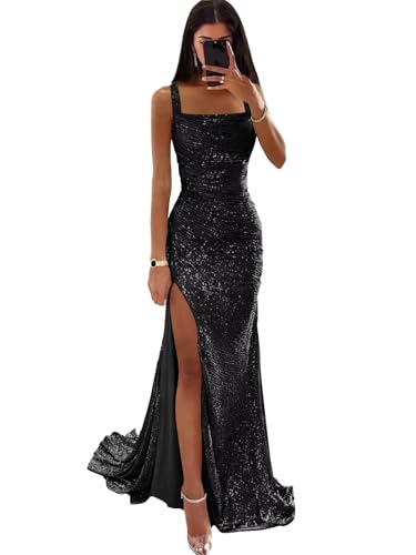 Verngo Mermaid Sequin Prom Dresses with Slit Long Spaghetti Straps Corset Black Sparkly Dresses for...
