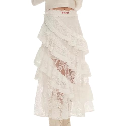 White Tiered Tulle Lace Skirt for Women - Y2K High Waist Layered Maxi Skirt with Ruffles, Sweet Flowy Mesh Long Skirt
