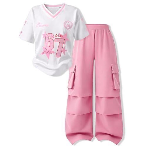 FtcoDcik Tween Girls Clothes Short Sleeve Graphic T-Shirt Top + Cargo Pants 2 Piece Outfit Set Size 8-15 Years(14-15Y)