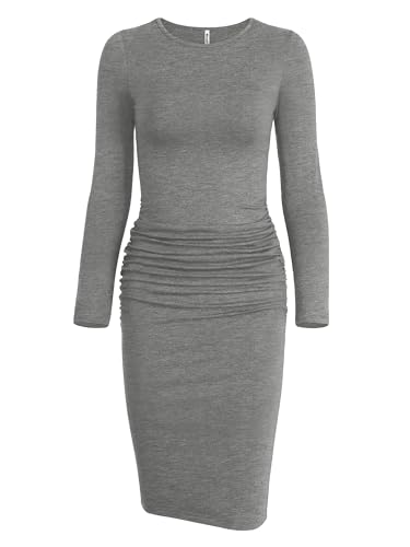 Image of Missufe Women's Long Sleeve Slim Ruched Bodycon Dress 2025 Trendy Fall Casual Round Neck Sheath Knee Length Outfits Clothes
