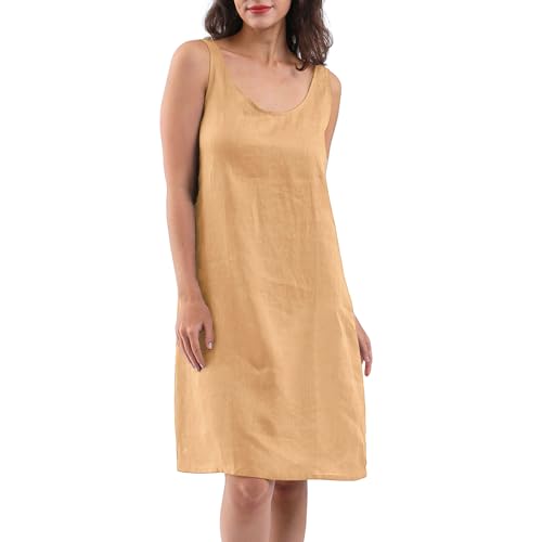 Amazhiyu Leinenkleider für Damen, Sommer, lässig, Midi-Tankkleid, ärmellos, Rundhalsausschnitt mit Taschen, reines Leinen, gelb, M