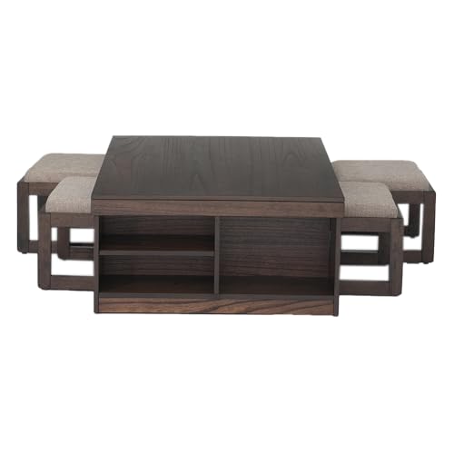 Image of Royaloak Boston American Wooden Coffee Table with 4 Stool | Solid Wood with Veneer Top | Upholstered & Cushioned Stools | Side Storage for Utility | Durable & Long Lasting | Space Saver Design