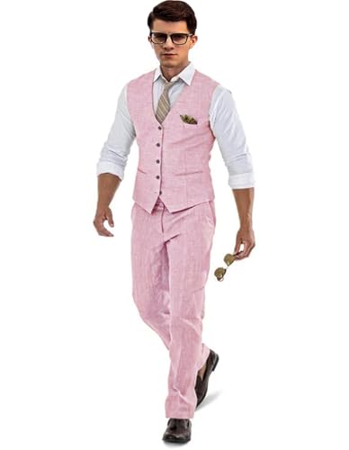 Lightweight Linen Suits for Men 2 Piece for Beach Wedding Elegant Linen Vest and Pants Set for Event STXZ0193
