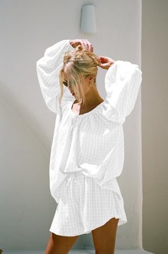 Image of Women Plaid Bubble Oversize Long Sleeve Top Shorts 2 Piece Cozy Beach Vacation Outfits Lounge Set Tracksuits