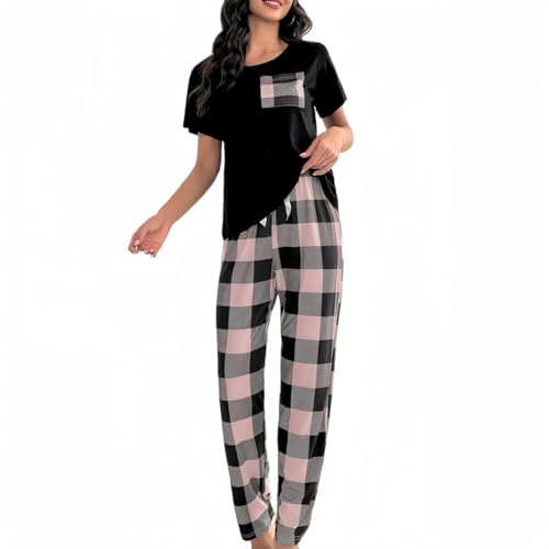 SamGreatWorld Women's Pyjama Set Round Neck Short Sleeve Tops and Long Pants Soft Sleepwear Loungewear Summer Pjs Set Casual Nightwear for Ladies
