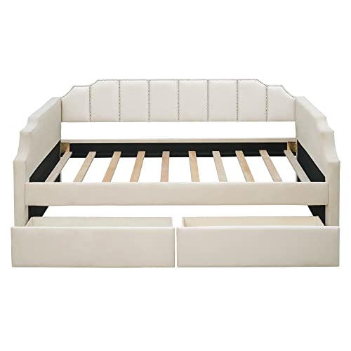Elegant Velvet Upholstered Daybed,Twin Size Upholstered Daybed With Drawers And Rivets Decoration,Wooden Daybed With Wood Slat Support For Living Room (Beige-Upholstered Daybed) #TOP3