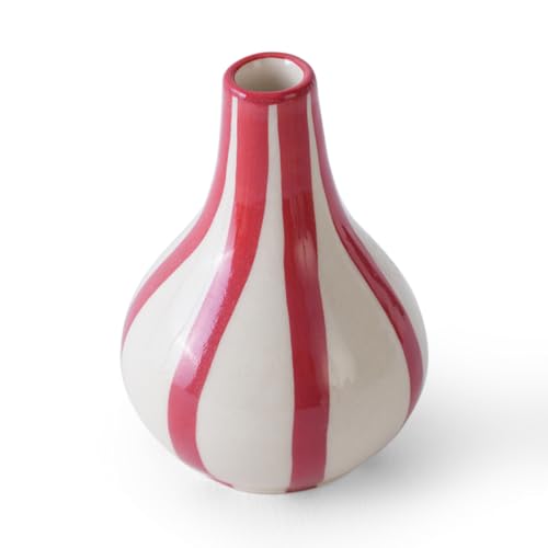 Image of PUREZENTO Red & White Striped 'Tulip Bud' Ceramic Vase 6 Inch (Pack of 1) | Unique Modern Bud Vase for Dried Flowers & Pampas Grass | Vases for Modern Home Decor, Living Room & Office Decor Ideas