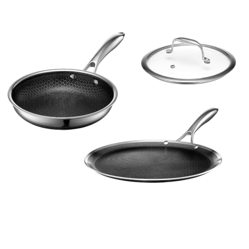 Image of HexClad Hybrid Nonstick 3-Piece Cookware Set, 8" Pan, 8" Lid, and 12" Griddle Pan