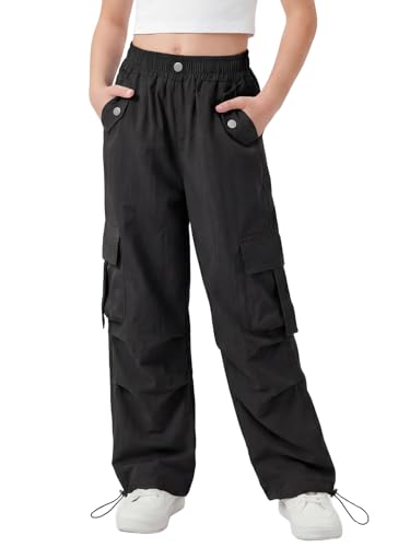 JiAmy Girls Cargo Pants Y2K Baggy Streetwear for Kids Elastic Waist&Ankle Multi Pockets Casual Jogger Pants 7-14Y