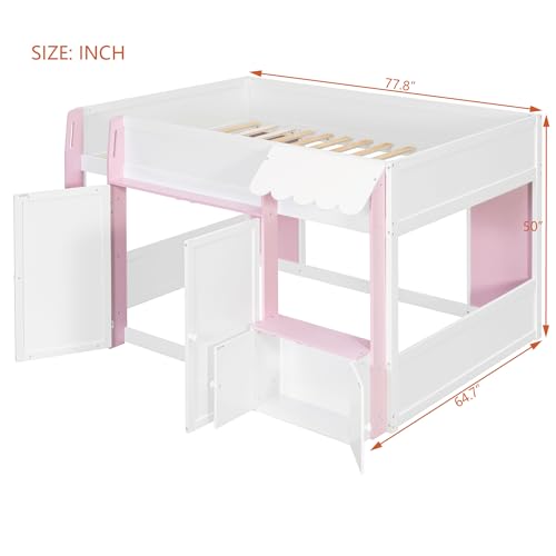 Image of Full House Loft Bed with Playhouse & Storage, Modern Wood Cabin Bed for Kids /Teens (White+Pink)