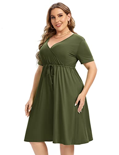 Image of Plus Size Dress Women's V Neck A-Line Knee Length Wrap Mini Dress with Belt Plus Size Dresses for Curvy Womenolive-cs 5X-Large