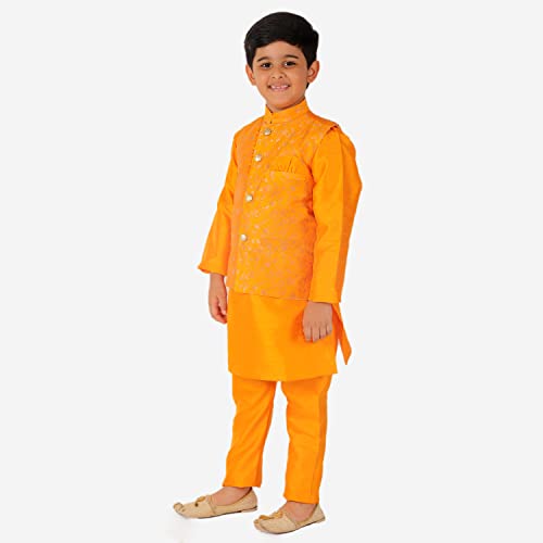 Image of Pro-Ethic Style Developer Kurta Pajama For Kids Boys With Waistcoat | Silk | Floral | Traditional Dress (S-201)