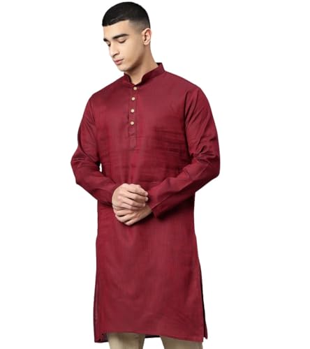 Image of Majestic Man Men's Cotton Regular Fit Traditional Mandarin Collar Ethnic Motifs Solid Long Kurta