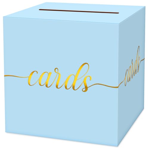 Image of 1 Pack Light Blue and Gold Foil Card Box for Party, 8.7 inch Light Blue Money Box for Birthday, Wedding, Baby Shower, Retirement, Anniversary, Bridal Shower, Raffle Ticket