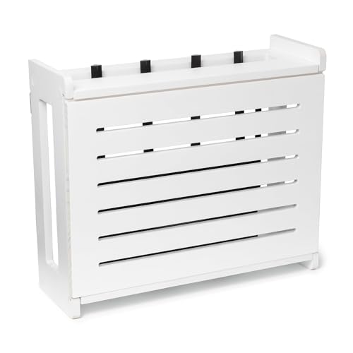 Wooden WiFi Router Storage Box - Standard Wall Mountable Decorative Modem Shelf Hider Cover with Cable Management System - Rustic Home Organization Solution for Most Routers Up To 11 Tall - White